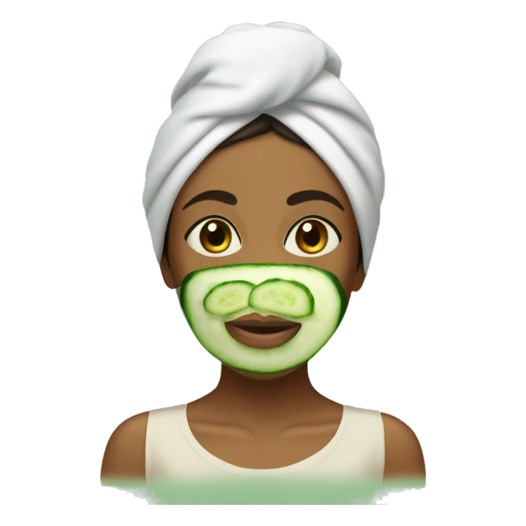 Brown girl face mask cucumber on eyes towel on head sticker