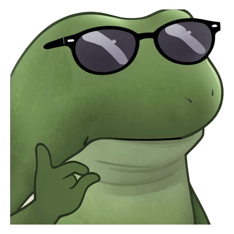 cool bean character with frog features, wearing sunglasses, confident and playful sticker