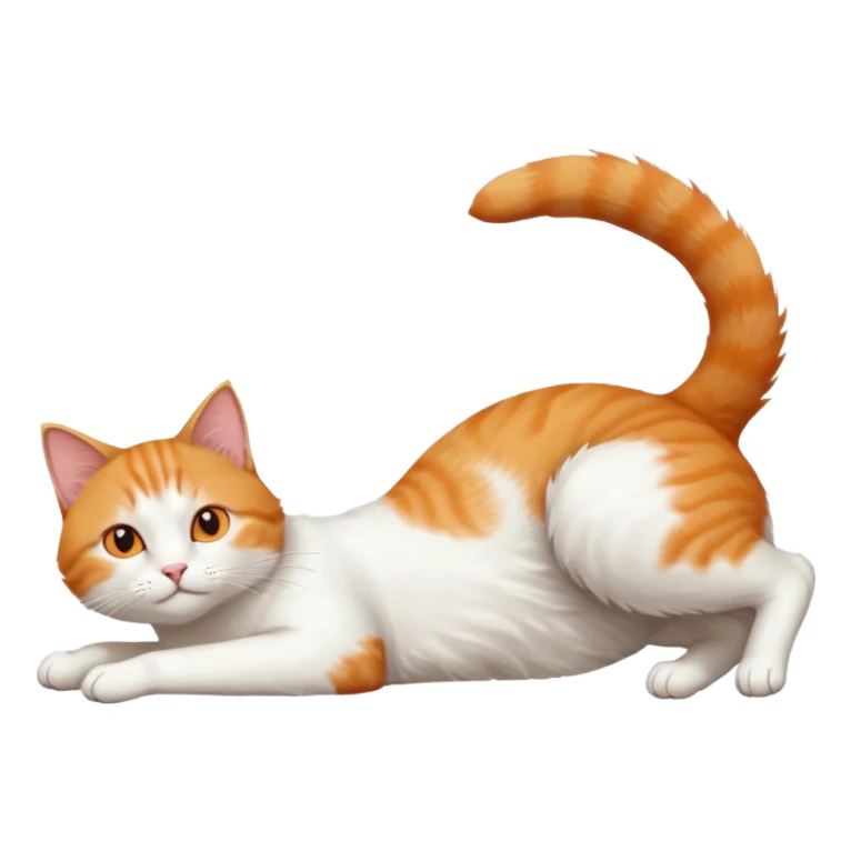 ginger and white cat with orange eyes doing a big extremely long stretch reaching up into the air with arms and legs side by side together straight and overextended whilst lying on its side sticker