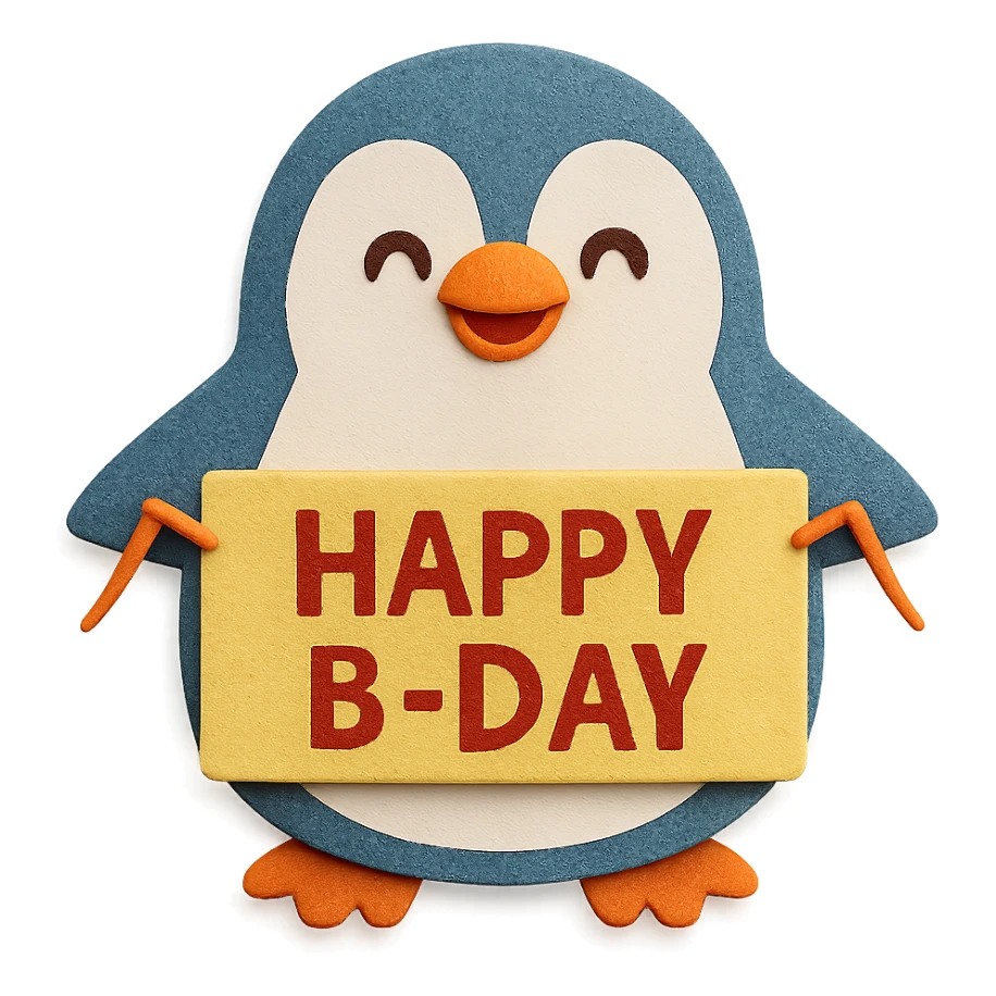 Make the penguin's face look happy and cheerful, keeping the paper-craft style and color palette. Keep the 'Happy B-Day' banner sticker