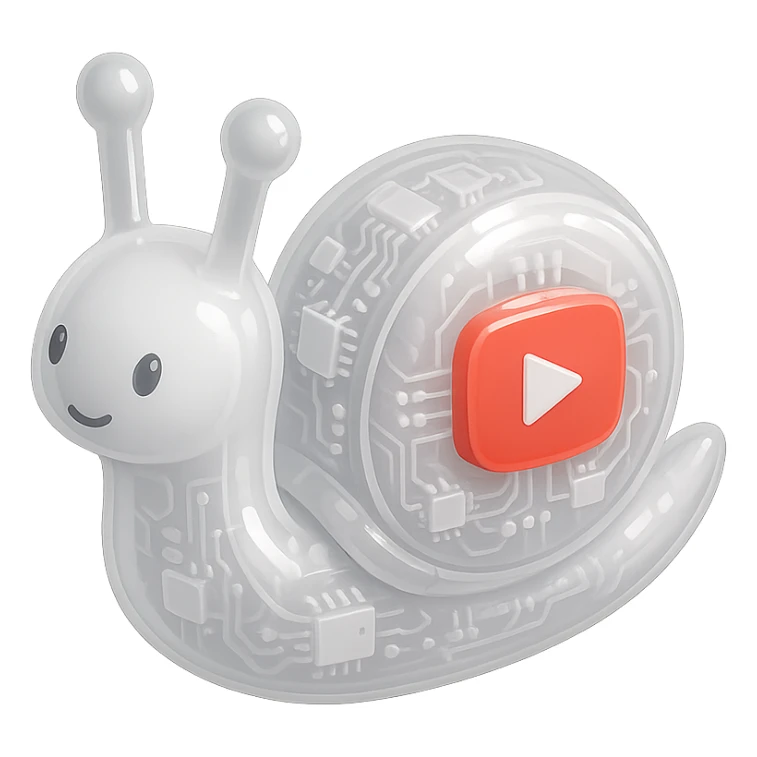 white robot snail with YouTube play button, glossy circuit style sticker