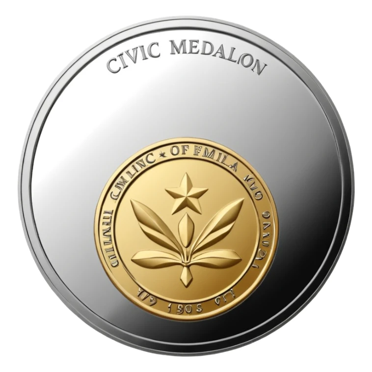 A silver coin type medallion with the words 'Civic Medallion' on it sticker