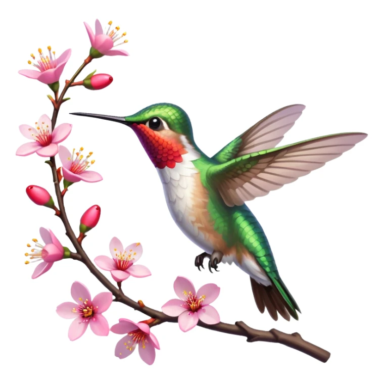 illustration, Whimsical Hummingbird still life. Vivid Whimsical color scheme, ultra detailed with cherry blossoms,, hyperrealistic. 8k, 5000x5000, clean, very thin lines, smooth appearance, 3D, no emoji icons or faces, full transparent background  sticker