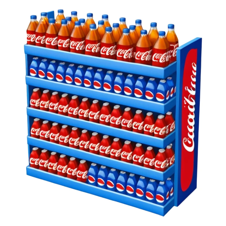 3D warehouse shelf with Coca-Cola, Pepsi, Fanta bottles and products, 
organized retail shelves, colorful product packages, store inventory, 
transparent background, emoji style, realistic, isometric view sticker