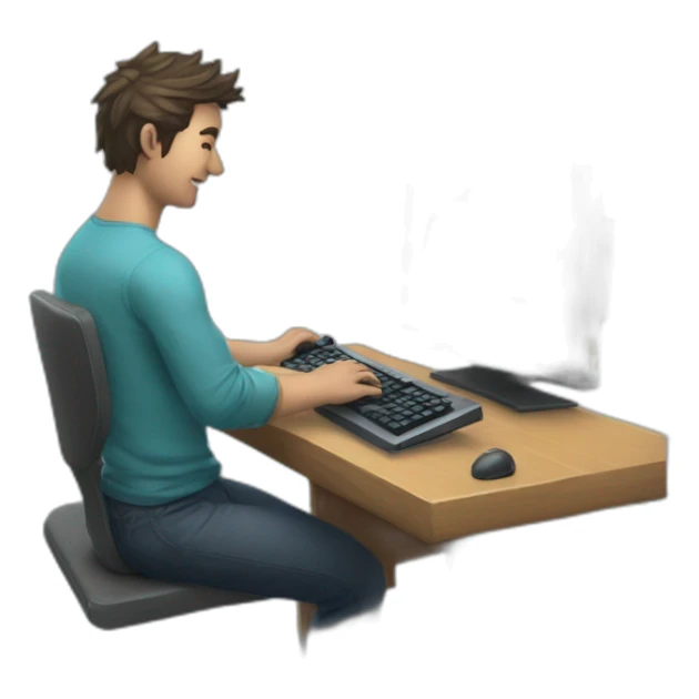 game player playing with his computer having the Uranus logo and the inscription Uranus sticker