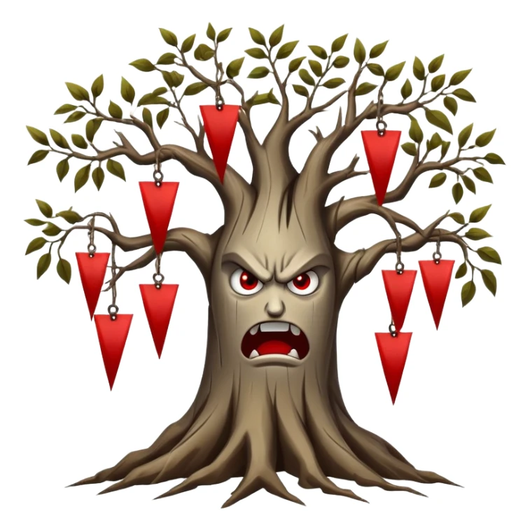 roots with red flags on the tips, tree, angry faces hanging on the tips of the tree branches sticker