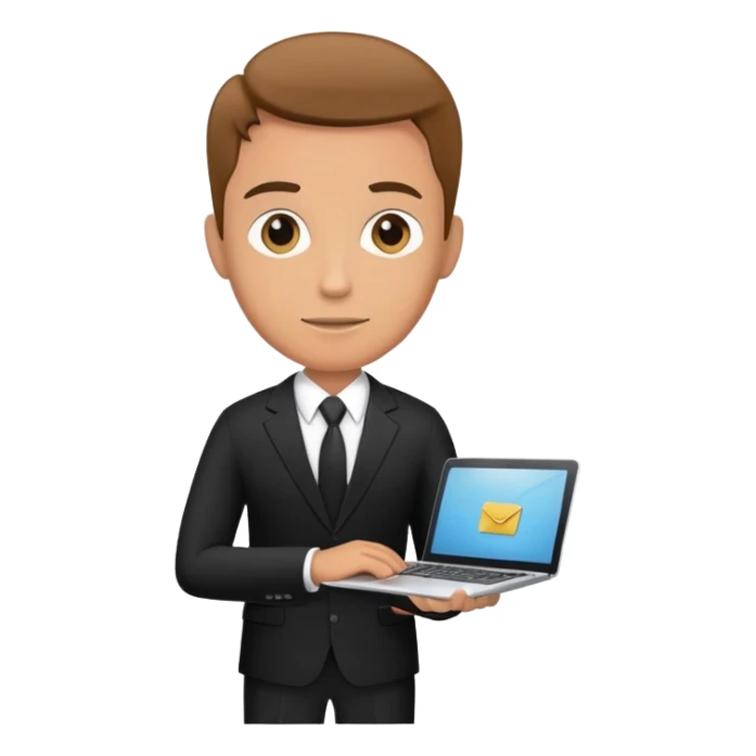Businessman in a black business suit holding a laptop with PrimeCopy written on it sticker
