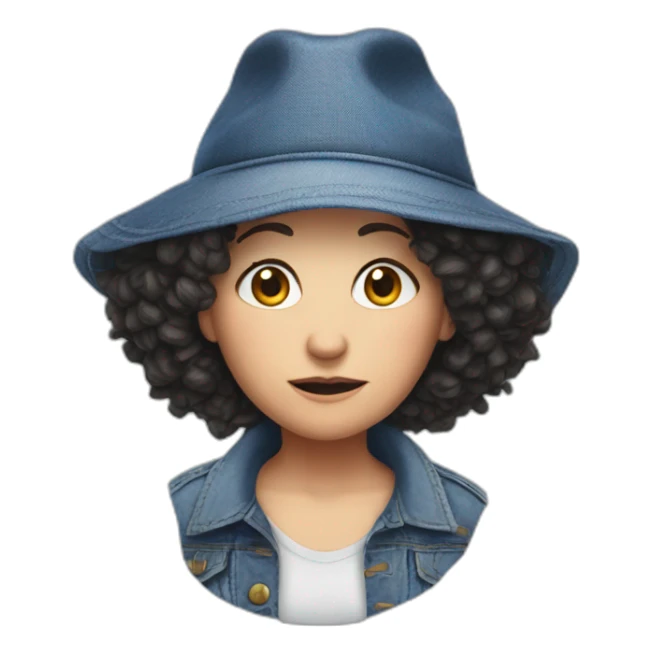 Susie Essman, annoyed, wearing denim and a ridiculous hat sticker
