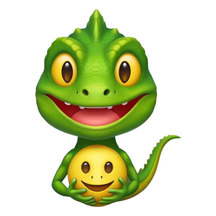 a melancholy lizard holding a bright yellow smiling emoji mask sticker