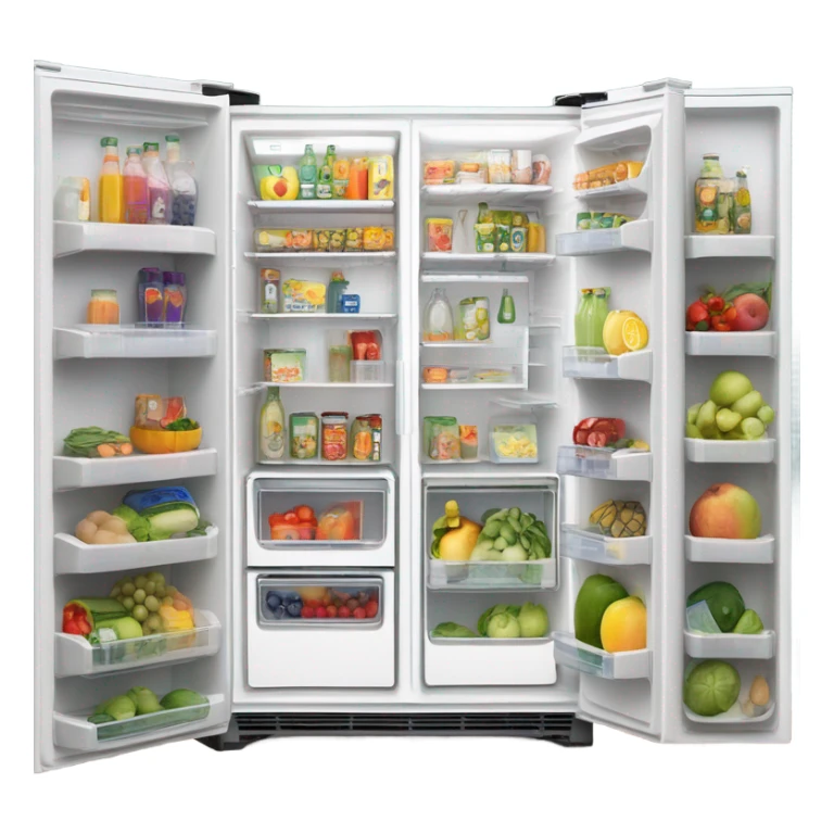 A white double door fridge with both doors open. Inside it has shelves with fruit and vegetables in organized containers. Also clear bottles filled with juices that is organized sticker