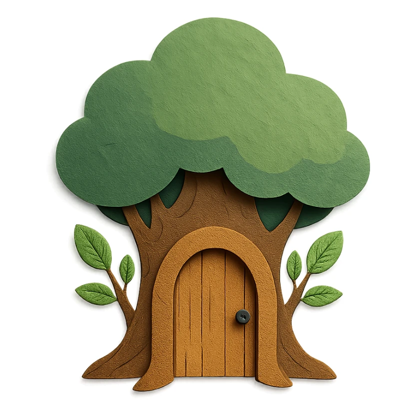 wooden door embedded in a tree, secret forest hideout vibe, paper craft style sticker