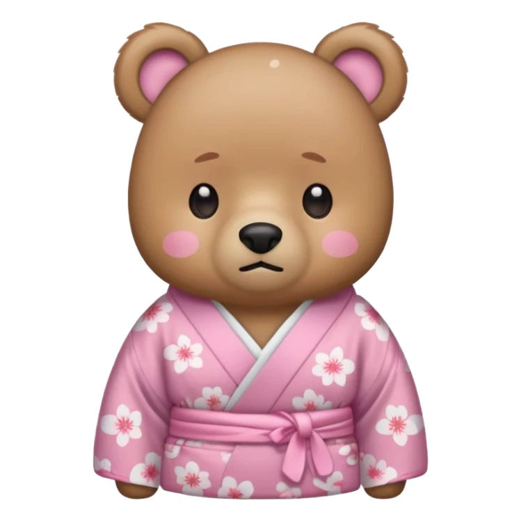 A cute light-brown bear wearing a pastel pink sakura-patterned kimono, normal balanced body ratio.  
Tears pooling under the eyes and softly streaming down cheeks, sad trembling mouth and droopy ears.  
Kawaii emoji style, minimalistic clean sticker illustration, white background. sticker