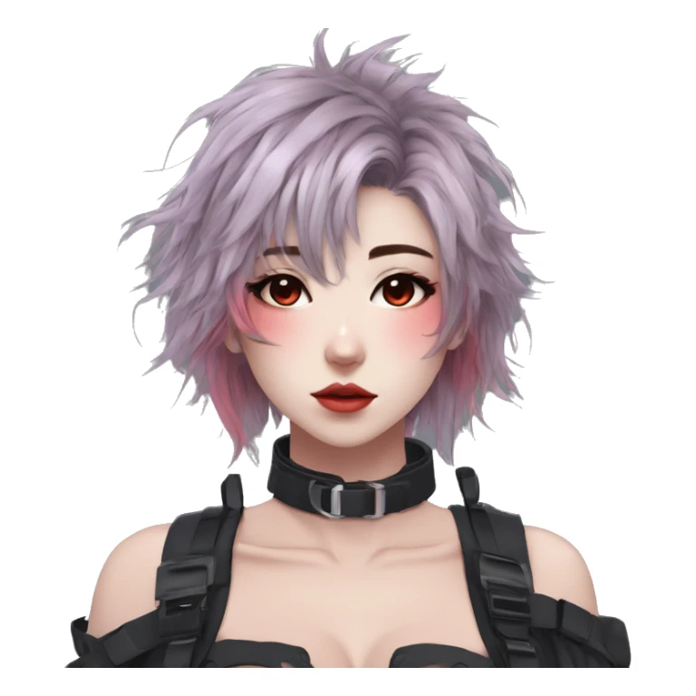 Gorgeous pastel techwear anime style lady with blushing face aesthetic and pretty edgy black red punk messy hair with collar and harness trending style sticker