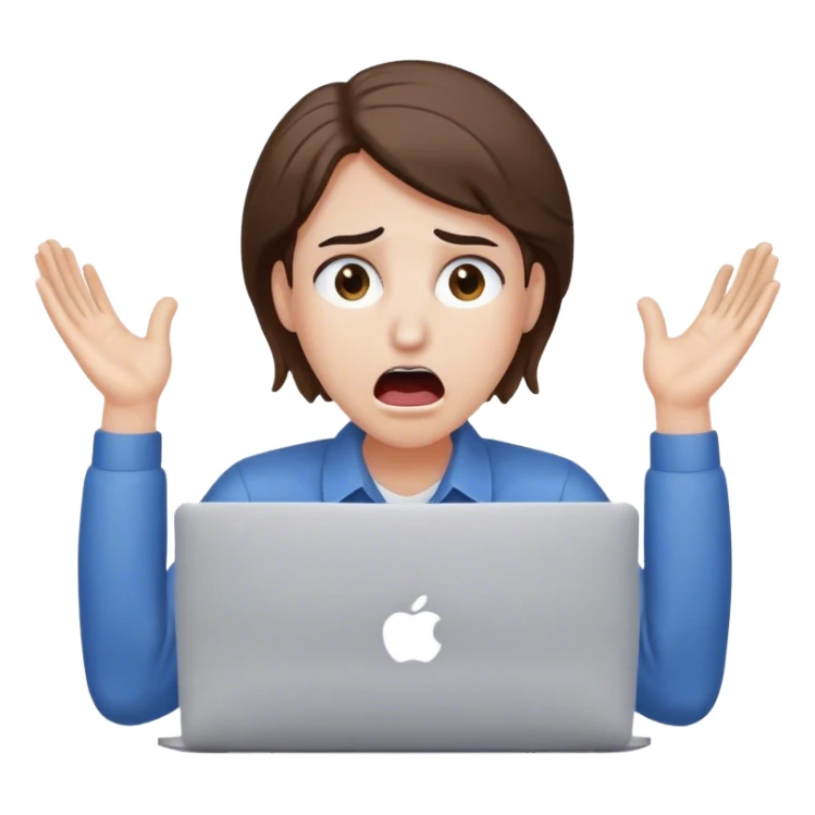 An overwhelmed office worker at a MacBook, eyes wide open, mouth agape, sweat drops flying, hands on head in panic, with white skin and brown hair sticker
