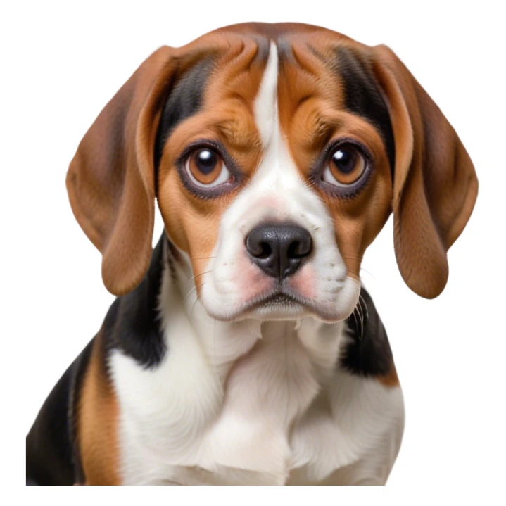 Cinematic Meme-Worthy Grumpy Beagle Portrait Emoji, Head held high but eyes filled with dramatic disappointment, showcasing a smooth tri-color coat of white, brown, and black, deeply furrowed brow forming an unmistakable scowl, floppy ears slightly angled back in disapproval, piercing hazel eyes glaring with pure exasperation, Simplified yet hilariously over-exaggerated features, highly detailed, glowing with an aura of supreme annoyance, high shine, exhausted yet judgmental, stylized with an almost regal pettiness, bright but brooding, soft glowing outline, capturing the essence of a companion that has seen it all and is thoroughly unimpressed, so meme-worthy it feels like it could instantly become the next viral sensation of grumpiness! sticker