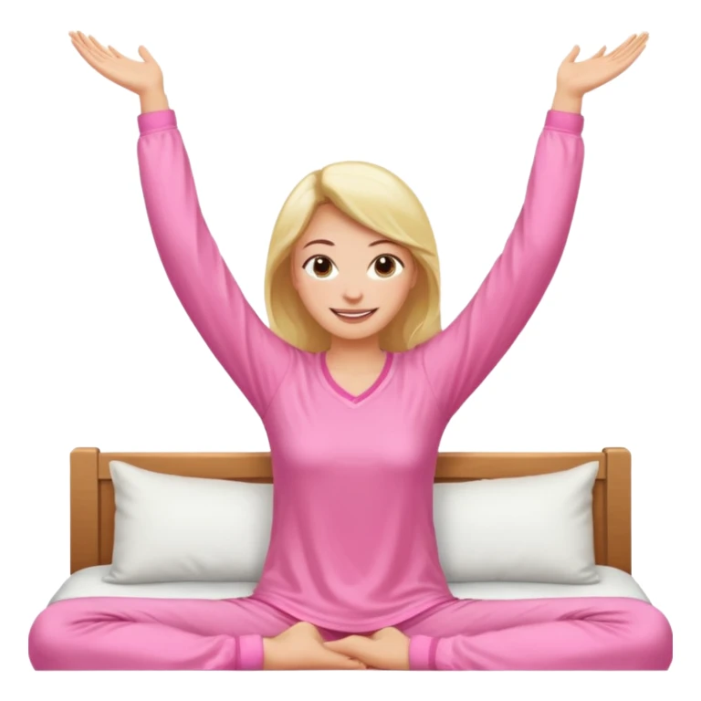{
      "type": "human",
      "look": "pink pyjama lady, long sleeves, stretching arms",
      "description": "a woman in pink pyjamas stretching her arms after waking up"
    } sticker