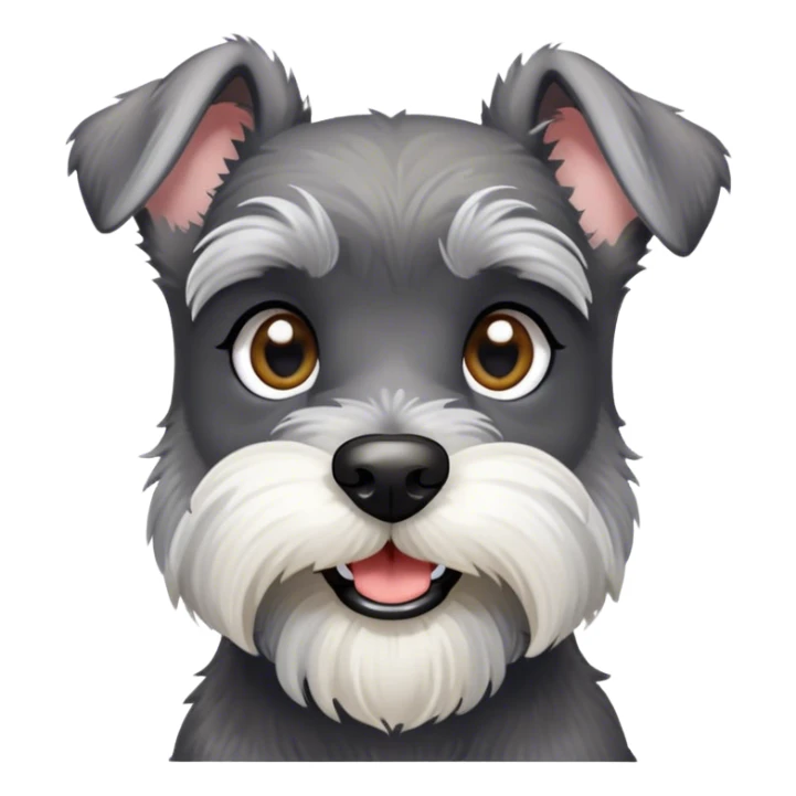 Cinematic Cute Miniature Schnauzer Portrait Emoji, Head cheerfully cocked with expressive, twinkling eyes and a neatly trimmed, adorable salt-and-pepper fur, simplified yet endearingly detailed, glowing with a bright, friendly radiance, high shine, exuding smart and spunky charm, styled with a delicate, whimsical outline, capturing the essence of a cute Miniature Schnauzer that appears ready to scamper off the screen with delightful energy! sticker