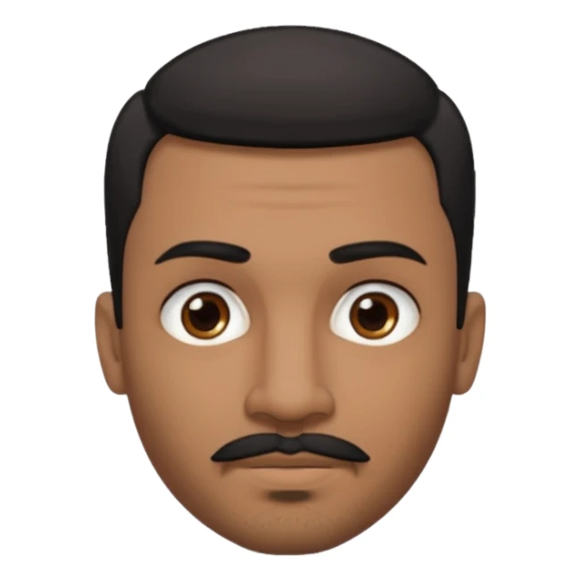 A man emoji with medium-dark skin, short black hair, straight eyebrows, brown eyes, a small nose, and facial hair consisting of a thin mustache and goatee. He also has piercings — a ring on his eyebrow and another on his lower lip. sticker