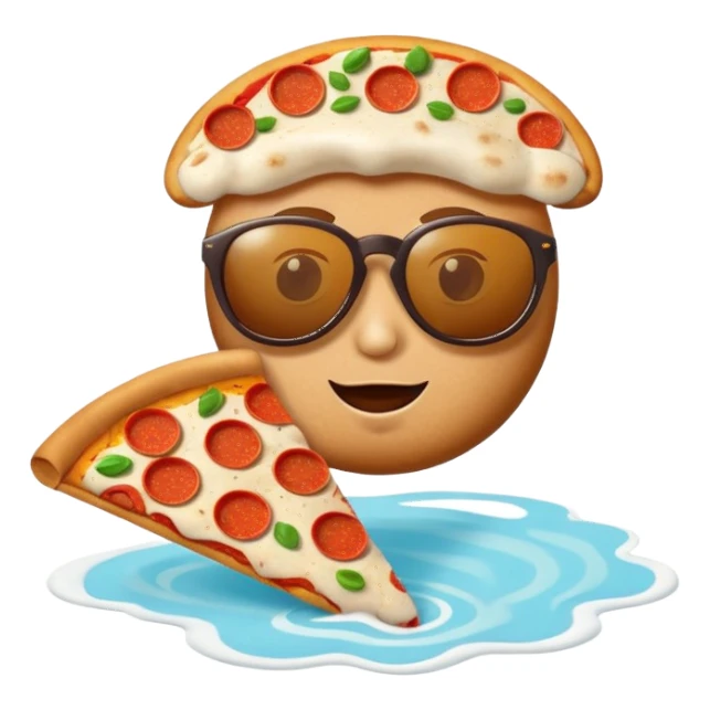whimsical cappuccino cup emoji with pizza slice floating in foam, wearing sunglasses, looking confused, for Italian brainrot cappuccino sticker