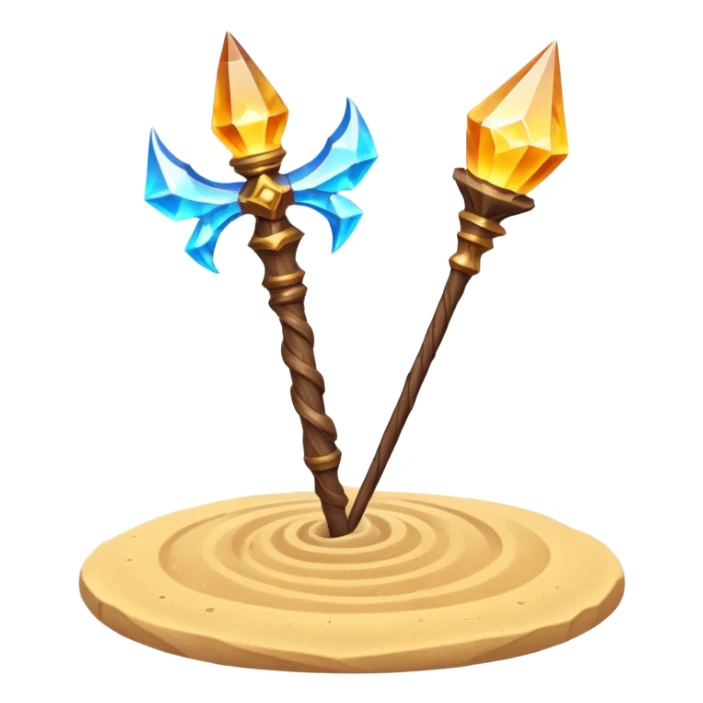 desert sand mage staff object icon, ancient wooden staff, swirling sand crystal on top, glowing golden aura, small floating sand particles, fantasy desert style, 3D cartoon, mobile game icon style, centered, clean background, soft shadow, no text, no watermark
 sticker