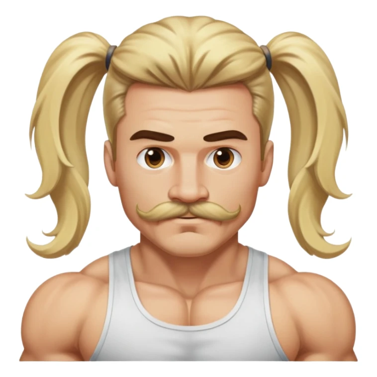 super jacked guy with long hair and a mustache pulling a blonde ponytail sticker