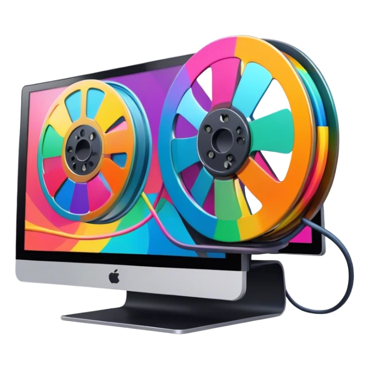 Create a vibrant and modern icon representing Animation and Motion Design, featuring elements like a film reel, a computer screen, and dynamic motion lines. Rolling colorful film. The design should be visually engaging, colorful, and dynamic, without any emojis. The background is transparent. sticker