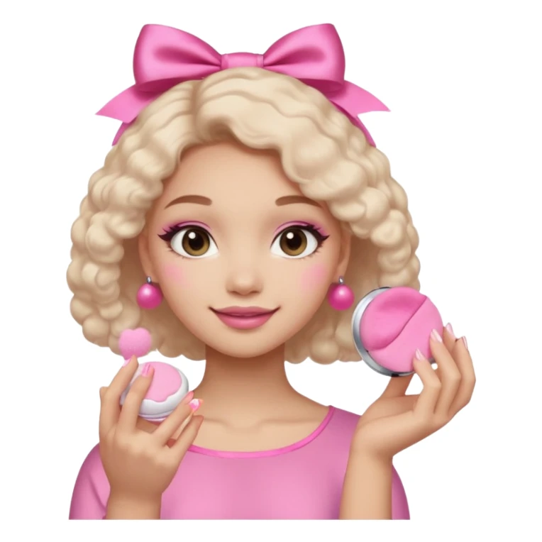 female face, light skin tone, small simple closed smile. One hand visible holding a round fluffy pink makeup powder puff pressed to the cheek; the puff has a small satin bow. sticker
