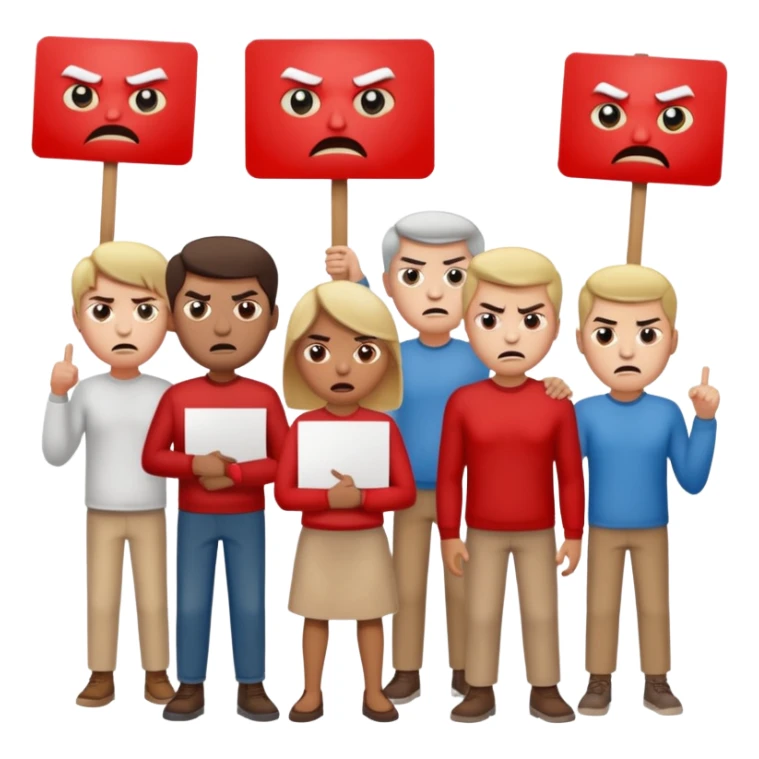 a crowd of people with angry faces and holding placards that read: we disagree sticker