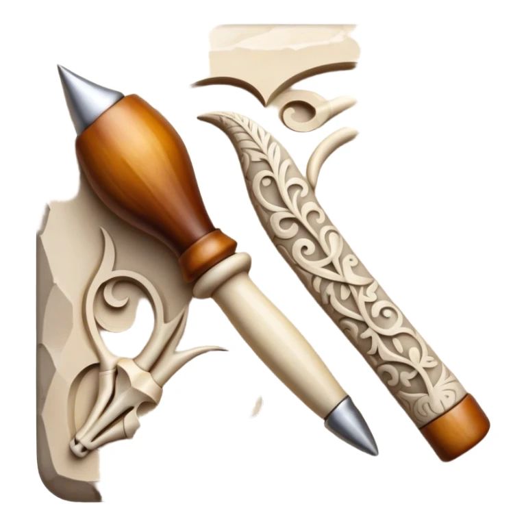 Carving icon, stone, bone, and horn with detailed patterns, carving tools, minimalistic style, clean lines, transparent background. sticker