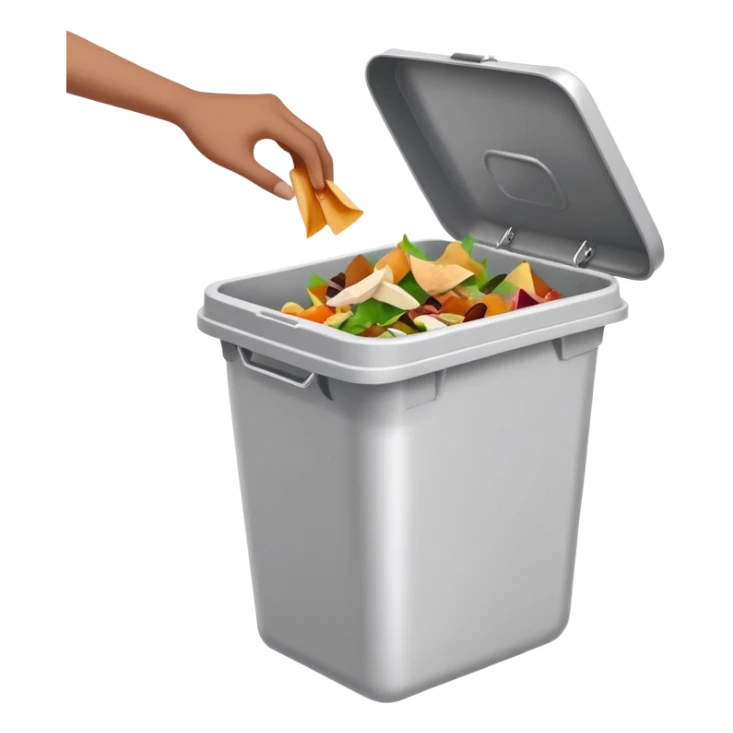 hand dropping food scraps into a trash bin, clean and expressive sticker