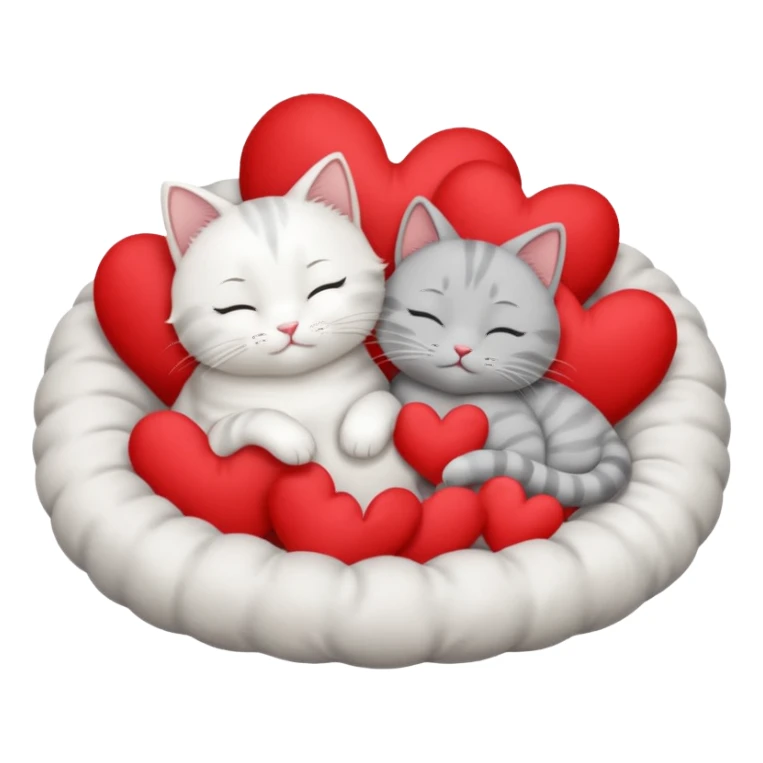 White cat and gray cat sleeping together in a bed full of hearts sticker