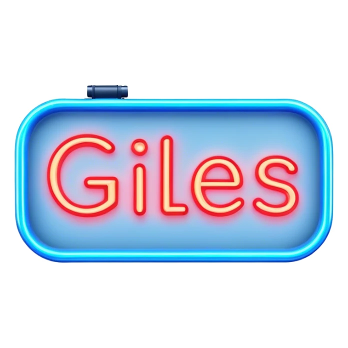 Blue neon sign with the word Giles sticker