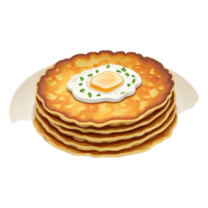 traditional Eastern European potato pancake (draniki), golden-brown, crispy edges, soft center, round and rustic with visible shredded potato texture, small dollop of sour cream on top, clean minimal expressive sticker