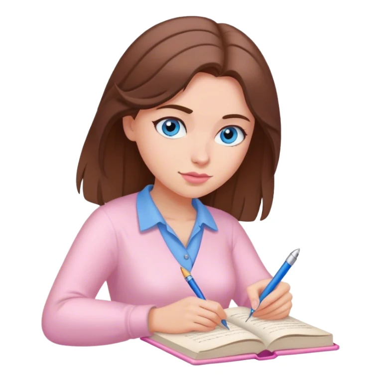 female writer, romantic, brown haired, fair skinned and blue eyed writing a light pink romance book sticker