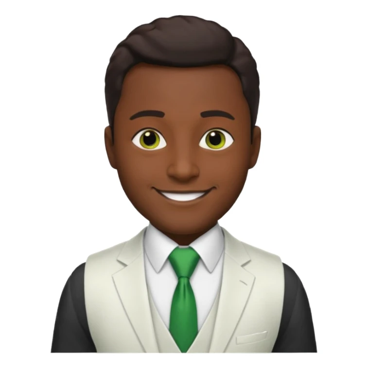businessman, black skin, brown eyes, white suit vest, green tie sticker