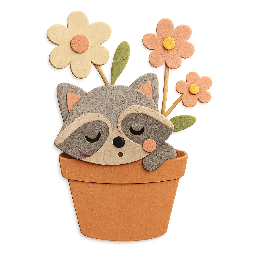a sleepy raccoon inside a flower pot with a few flowers inside the pot, pastel earthy colors, paper craft style sticker