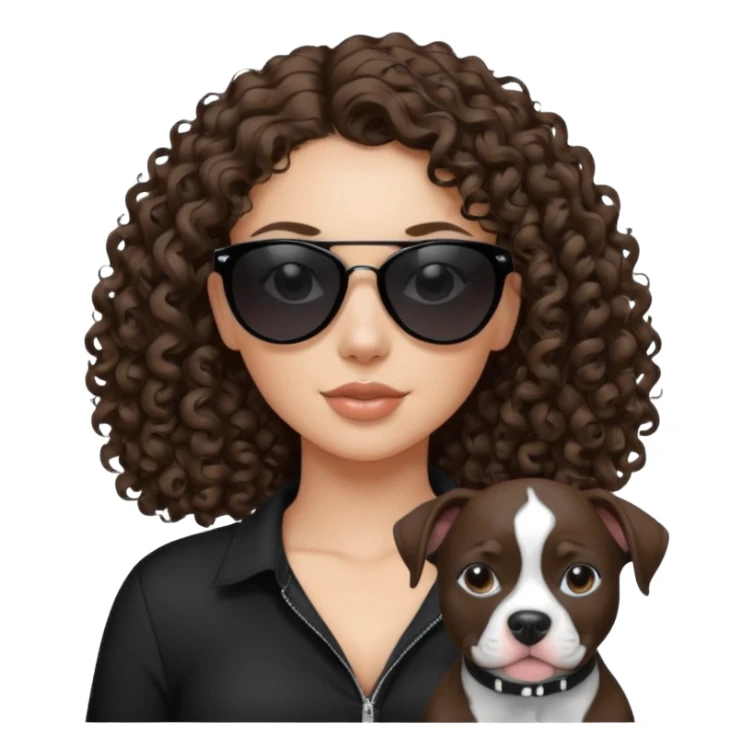 Black and white pitbull with brunette with curly hair girl Make her with a black hirt and dark black sunglasses where you can't see her eyes? sticker