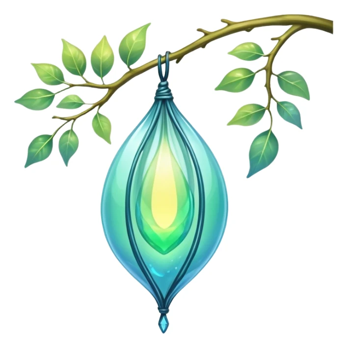 ethereal magical cocoon hanging from a branch, glowing green-blue cocoon, yellow magical aura, translucent, magical symbol, soft curves, gentle green-blue hues sticker
