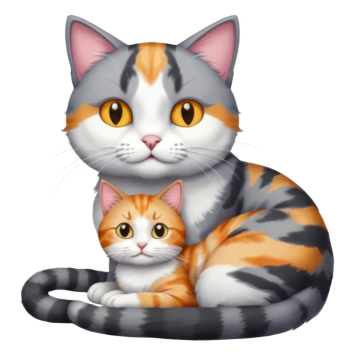 big grey and white cat cuddling a colourful light patched calico + white tabby cat sticker