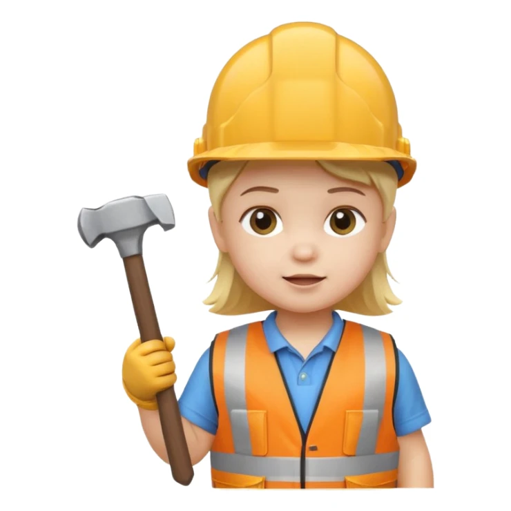 toddler wearing oversized construction helmet and safety vest holding tiny hammer, 3D emoji style sticker