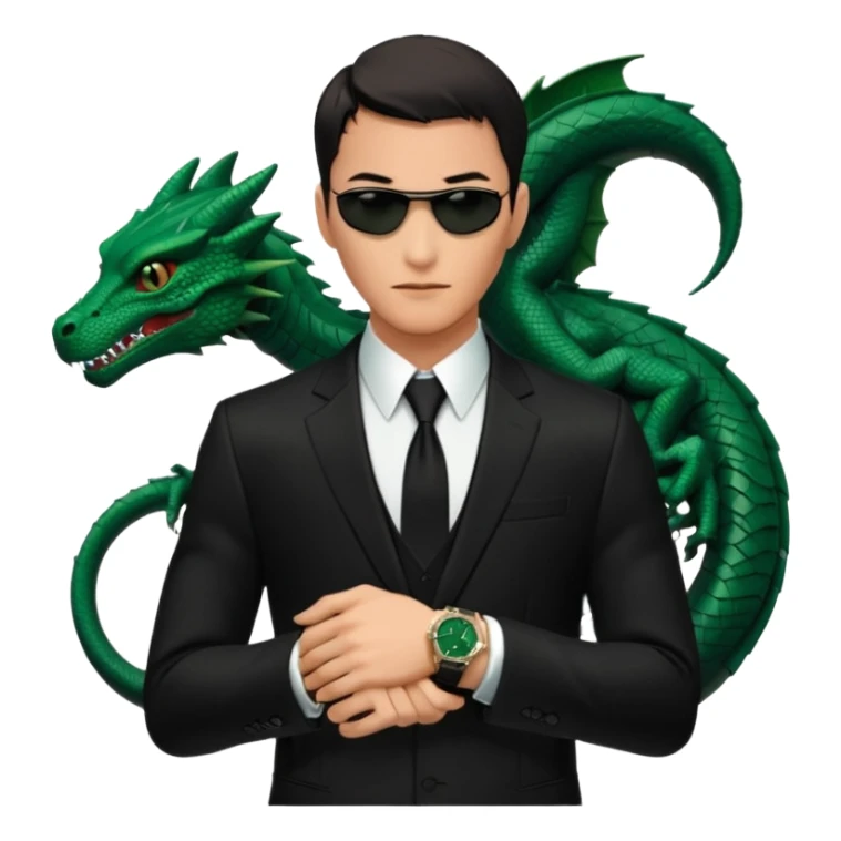 mysterious scenery: green audemars piguet watch (without text), black bugatti, and a dark green dragon, and a mysterious agent from The Matrix with his eyes censored sticker