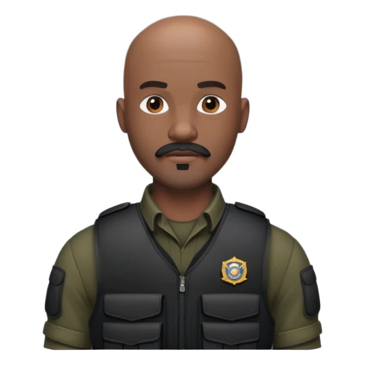 black soldier bald head, short beard that connects seamlessly to his mustache,  in black bulletproof vest sticker