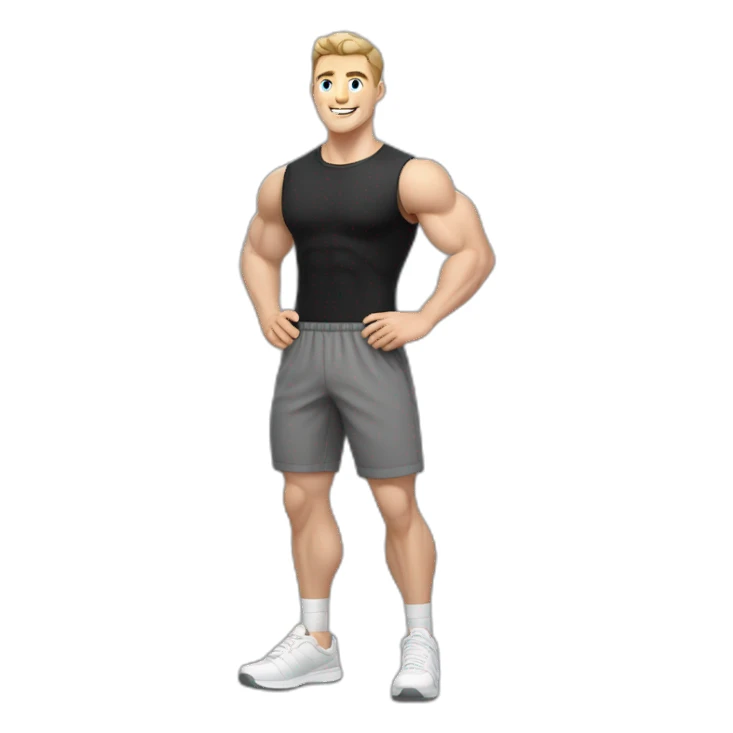 Joyful Pale skinned Fit Man With the biceps and dark brown hair in black shirt, gray sports shorts and white Sneakers sticker