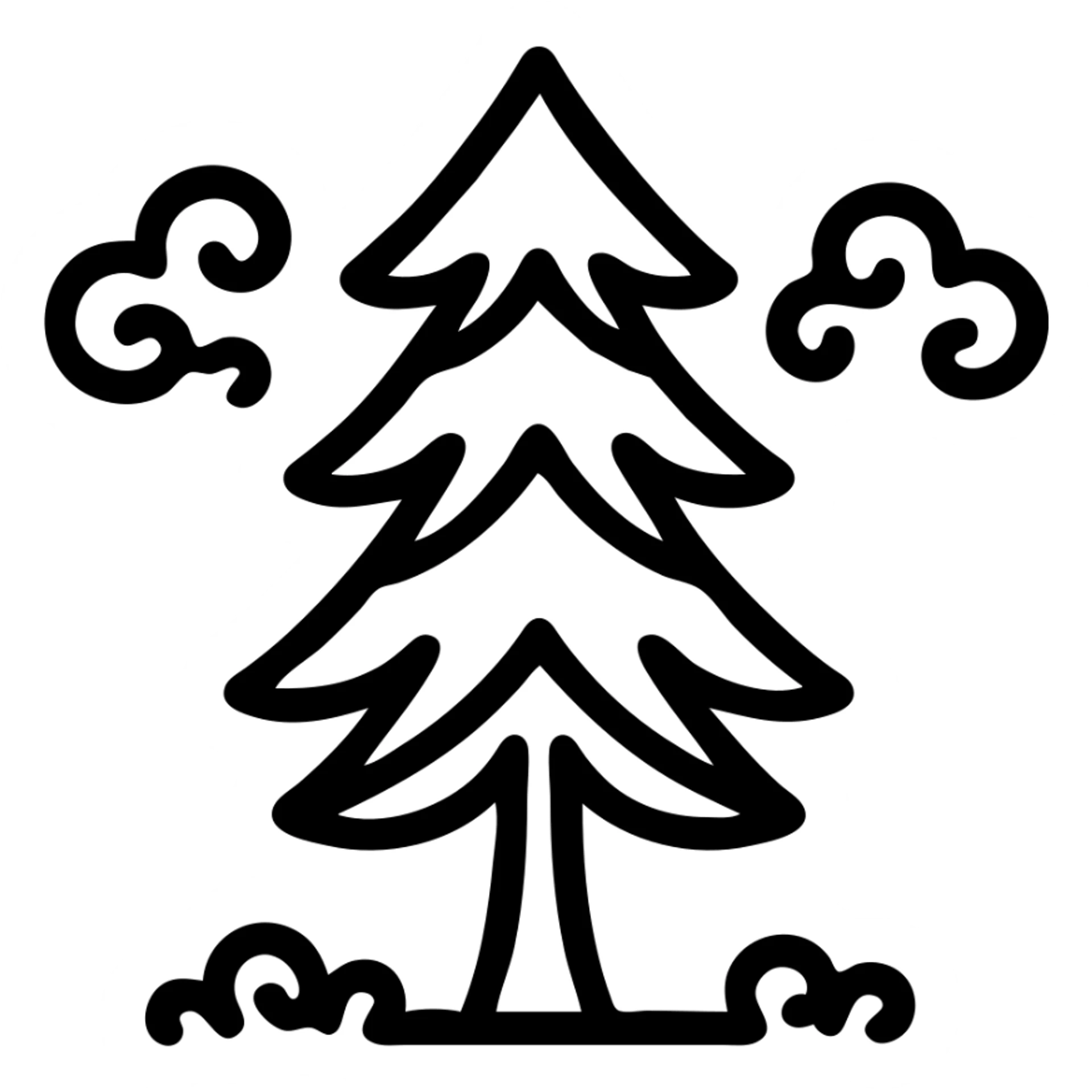 simple single evergreen tree with clouds in Slavic folk art style, dark neutral forest color tones, illustrated outlines, suitable for favicon sticker