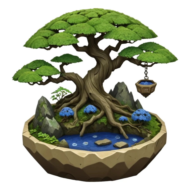 Alien spacecraft hanging-jungle vines mountain-island landscape mudman very old broken cracked intricate Stone Age rocky-crusted irregular dodecagon-shaped shallow dark moss rough bark blue willow flowered maple tree bonsai pot sticker