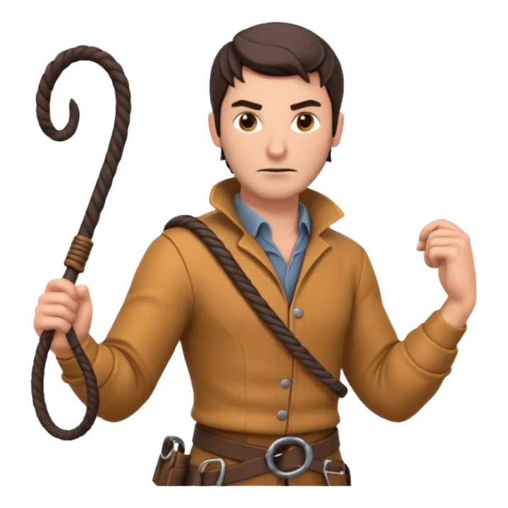 man with a whip portrait, head and shoulders only, whip coiled on shoulder, rugged outfit, confident look, 3D cartoon, mobile game icon style, clean background, no text, no watermark
 sticker