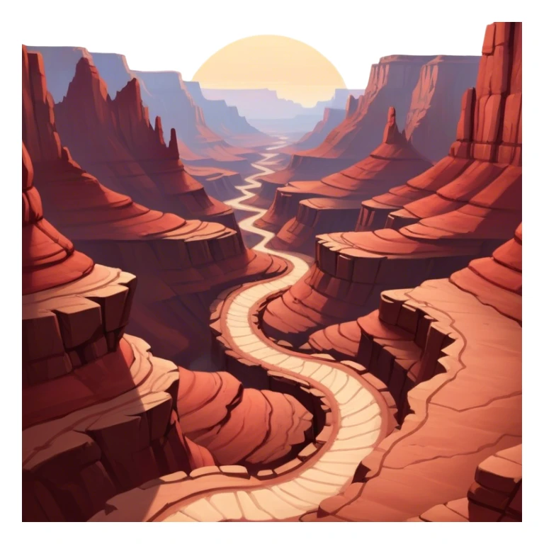Cinematic Realistic Canyon Emoji, Vast and rugged, with deep red rock formations and winding paths leading down to a dry, dusty floor. Sunlight casts long shadows across the craggy surfaces, highlighting the layers of ancient rock. Soft glowing outline, capturing the essence of dramatic beauty and ancient history in a mighty canyon. sticker