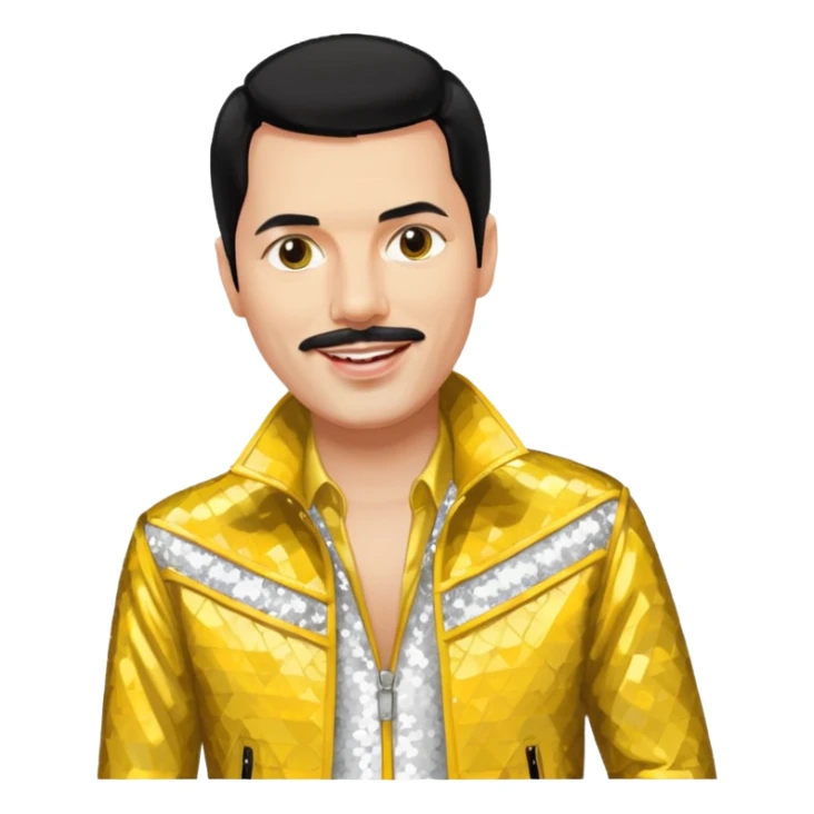 Freddie Mercury with black hair, white sequin shirt, yellow sequin jacket sticker
