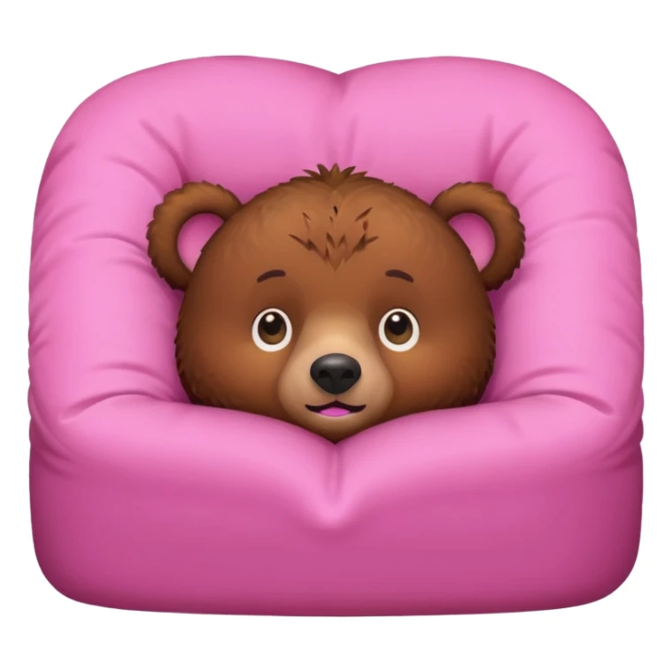 A brown bear in a pink bed, upside down and looking at the viewer with a quirky expression. sticker