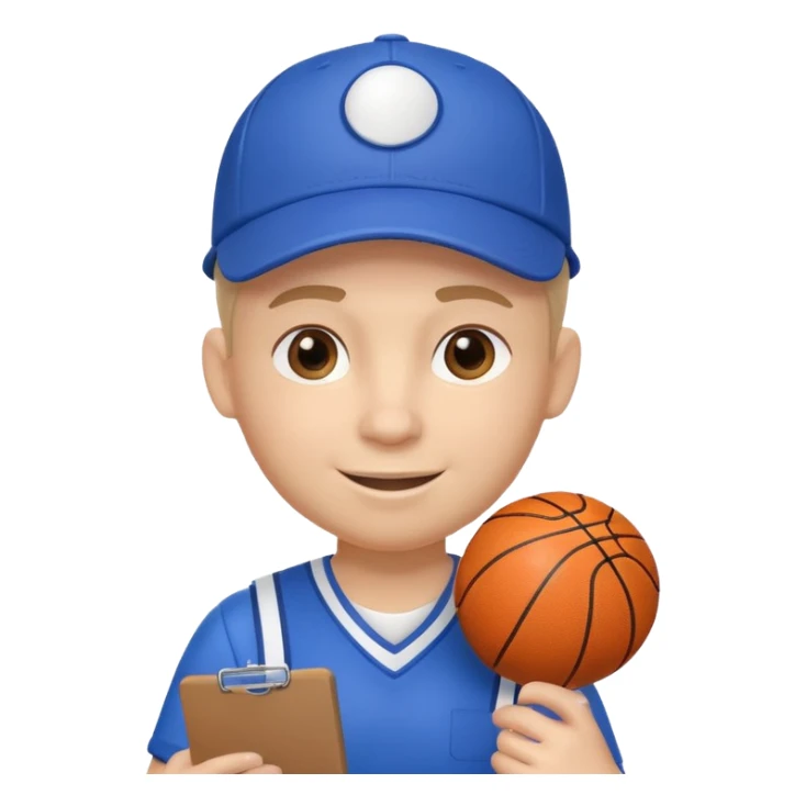 cute basketball coach portrait, head and shoulders only, whistle, cap, clipboard strap, confident smile, 3D cartoon, mobile game icon style, clean background, no text, no watermark
 sticker